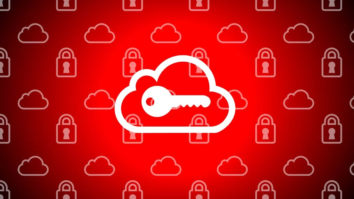 An illustration of a key over a cloud icon, background of cloud and lock icons.