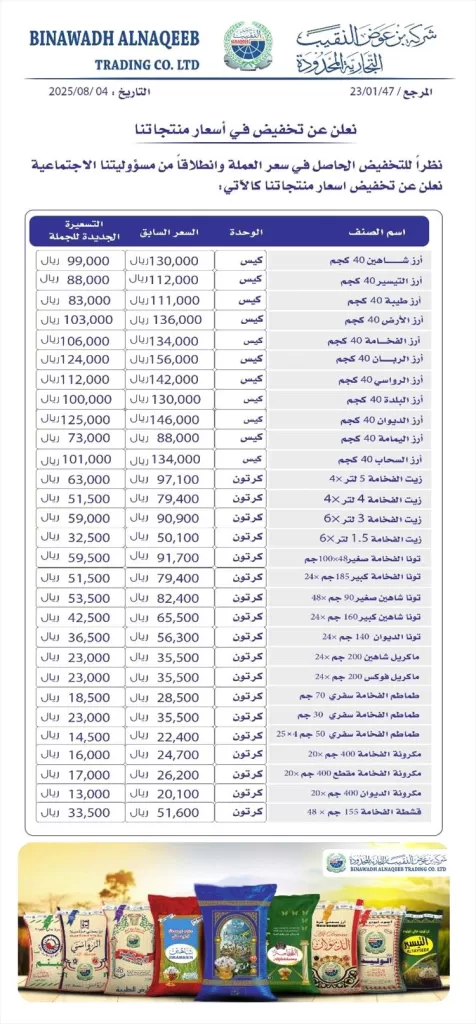 شركة بن عوض النقيب تعلن تخفيضًا كبيرًا في أسعار منتجاتها الغذائية تماشيًا مع تحسن سعر الصرف