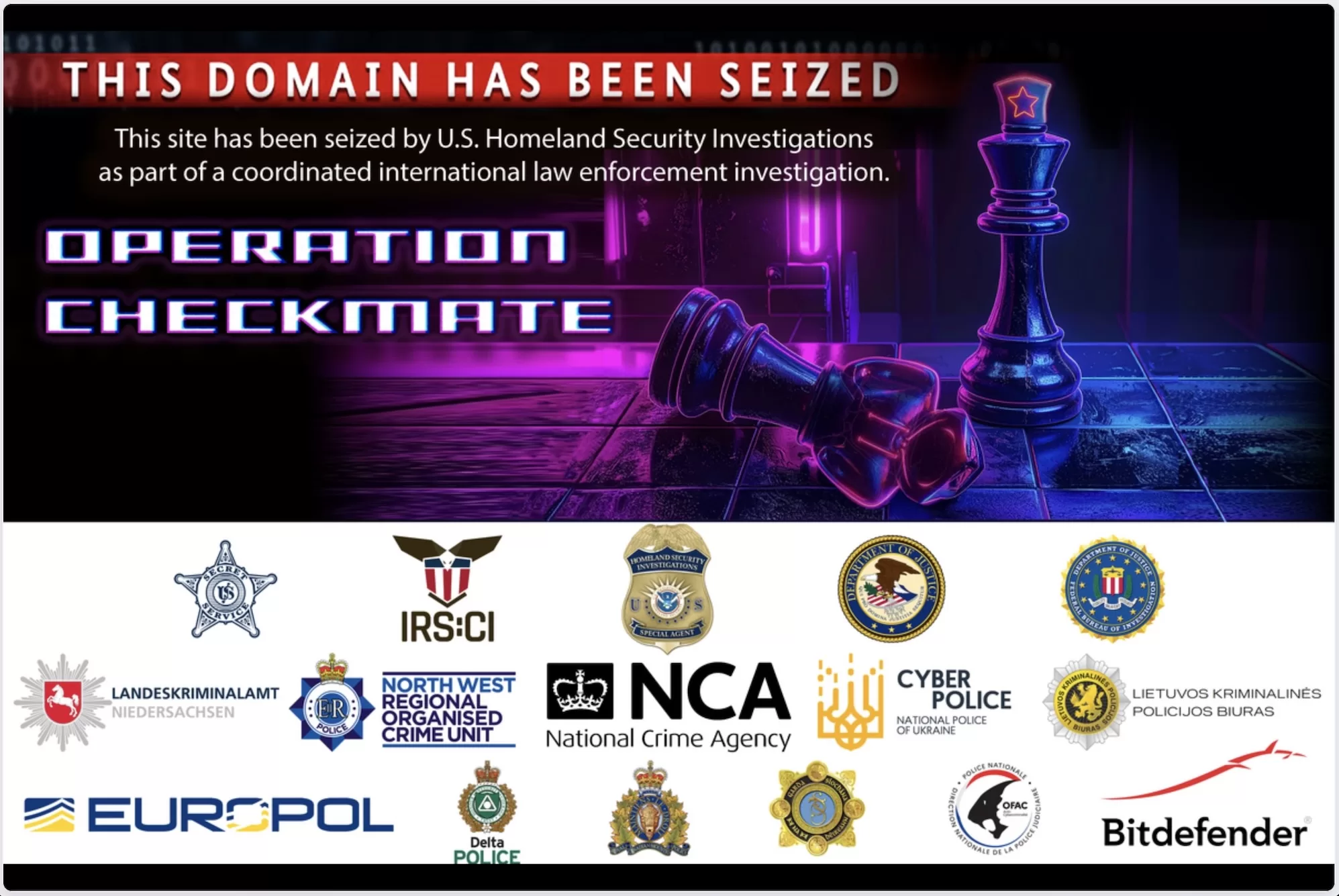 لقطة شاشة من موقع تسريبات الويب المظلم لعصابة BlackSuit ransomware، والتي تقول إن السلطات الألمانية والأوروبية والأمريكية شاركت في عملية الإغلاق.