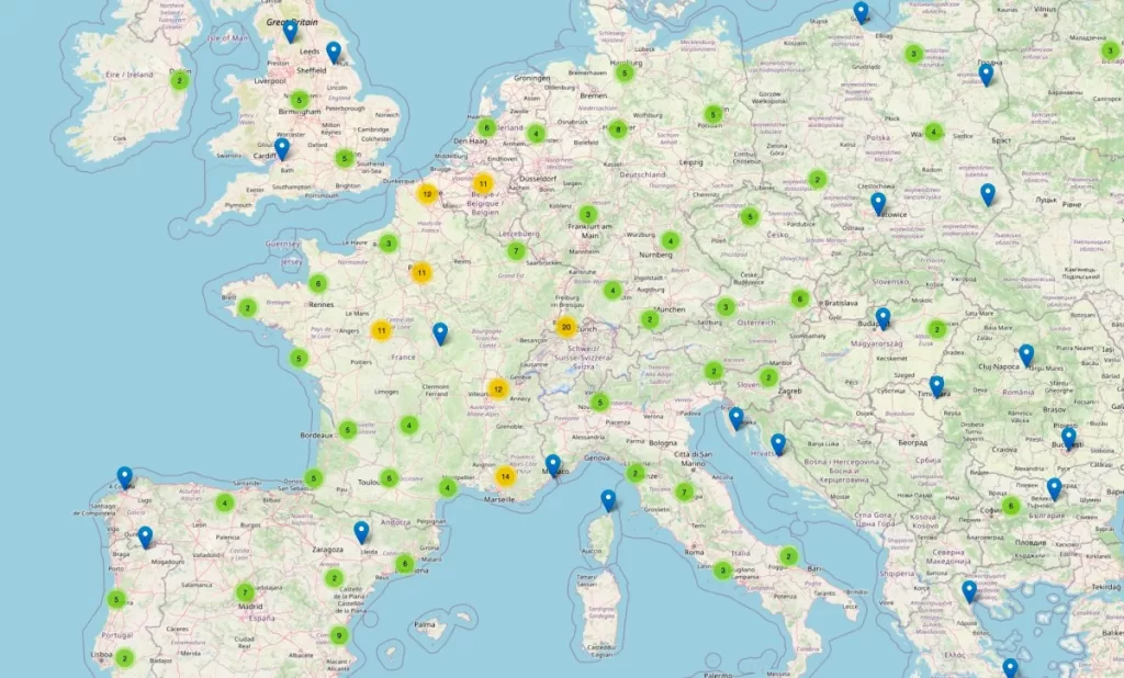a map of central Europe showing location markers of exposed TeslaMate servers, as well as different colored clusters of more than one servers.