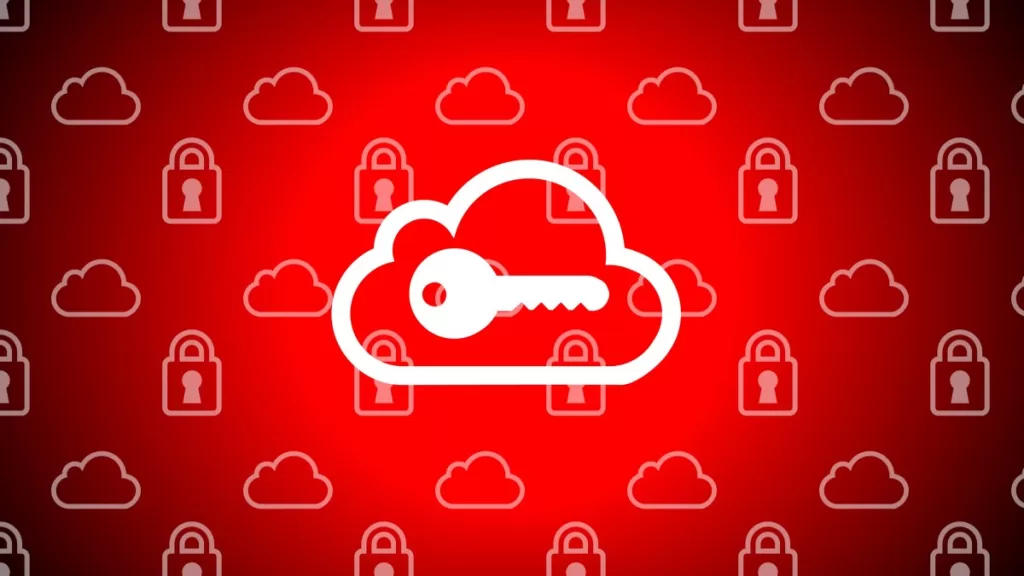 An illustration of a key over a cloud icon, background of cloud and lock icons.