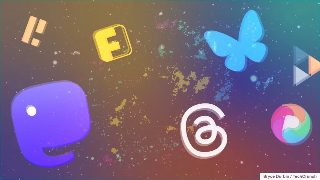 Composite of fediverse logos of Mastodon, Threads, Bluesky