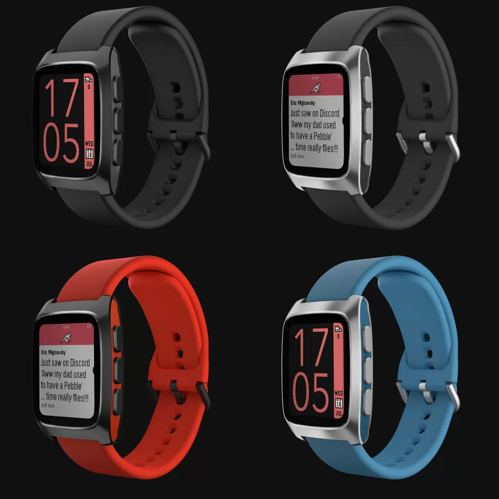 صورة لأربع ساعات Pebble، بأشرطة سوداء ورمادية وحمراء وزرقاء.