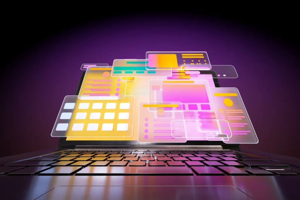 Digital generated animated video of multicoloured social media icons and data screens moving out from opened laptop against dark purple background.