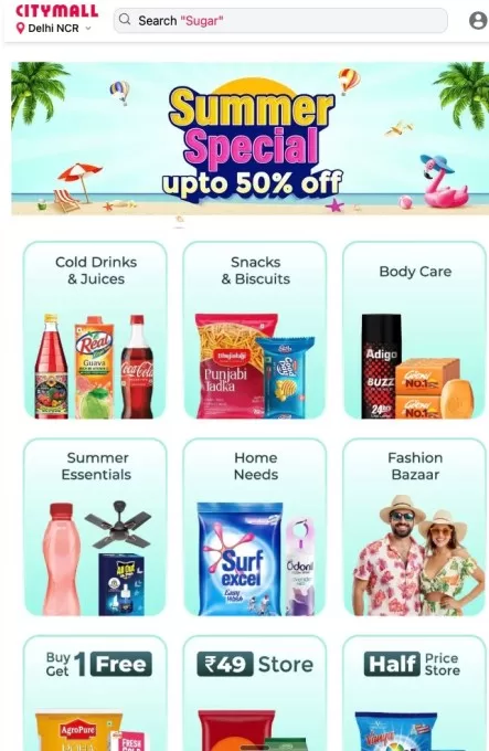 A screenshot showing the landing page of grocery delivery website Citymall that shows different categories of items that you can order.