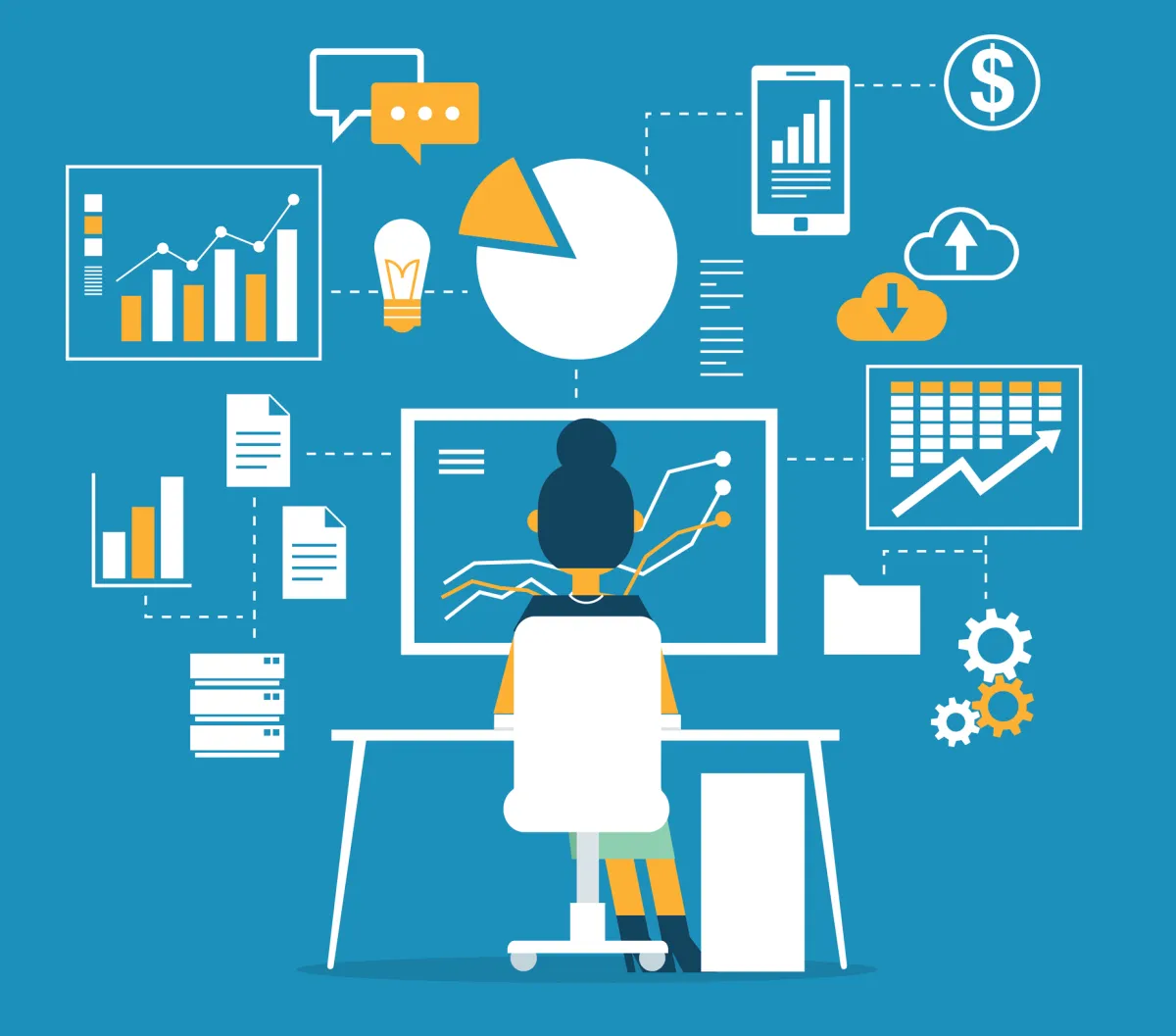 Drawing depicting Data monitoring and analysis concept with woman sitting at computer looking at data and various tables and graphs surrounding it.