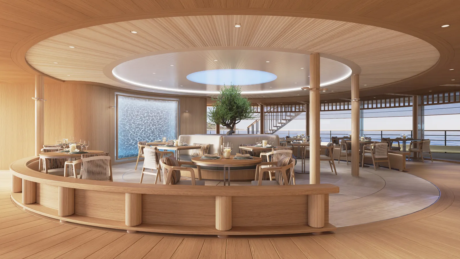 الصورة قد تحتوي على هندسة، مبنى، غرفة طعام، طاولة طعام، أثاث، داخلي، غرفة، طاولة وتصميم داخلي