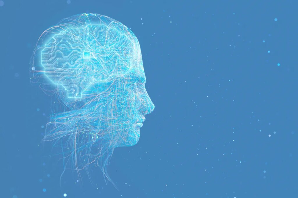 Artificial General Intelligence robot with a glowing circuit brain.