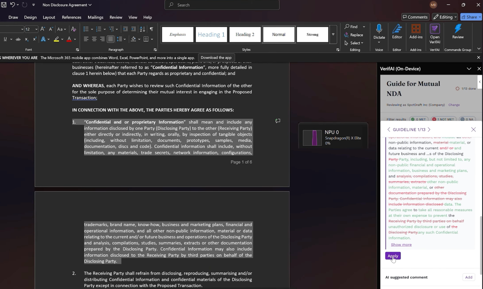 أداة VerifAI من SpotDraft في Microsoft Word