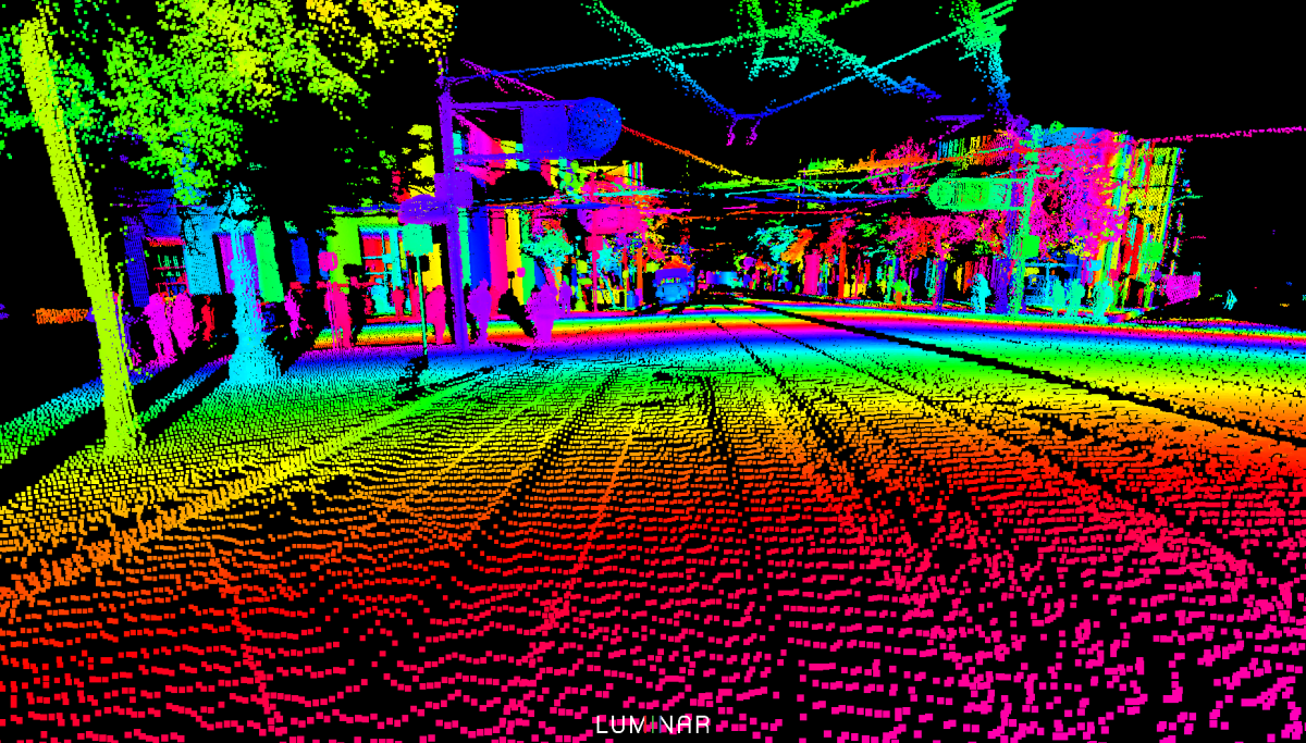 Visualization of data gathered by Luminar's LiDAR, as a high-resolution point cloud.