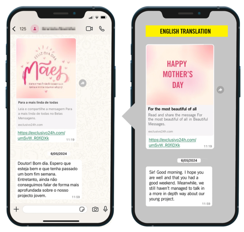 صورتان جانبيتان لرسائل واتساب أرسلت إلى الصحفي الأنغولي.