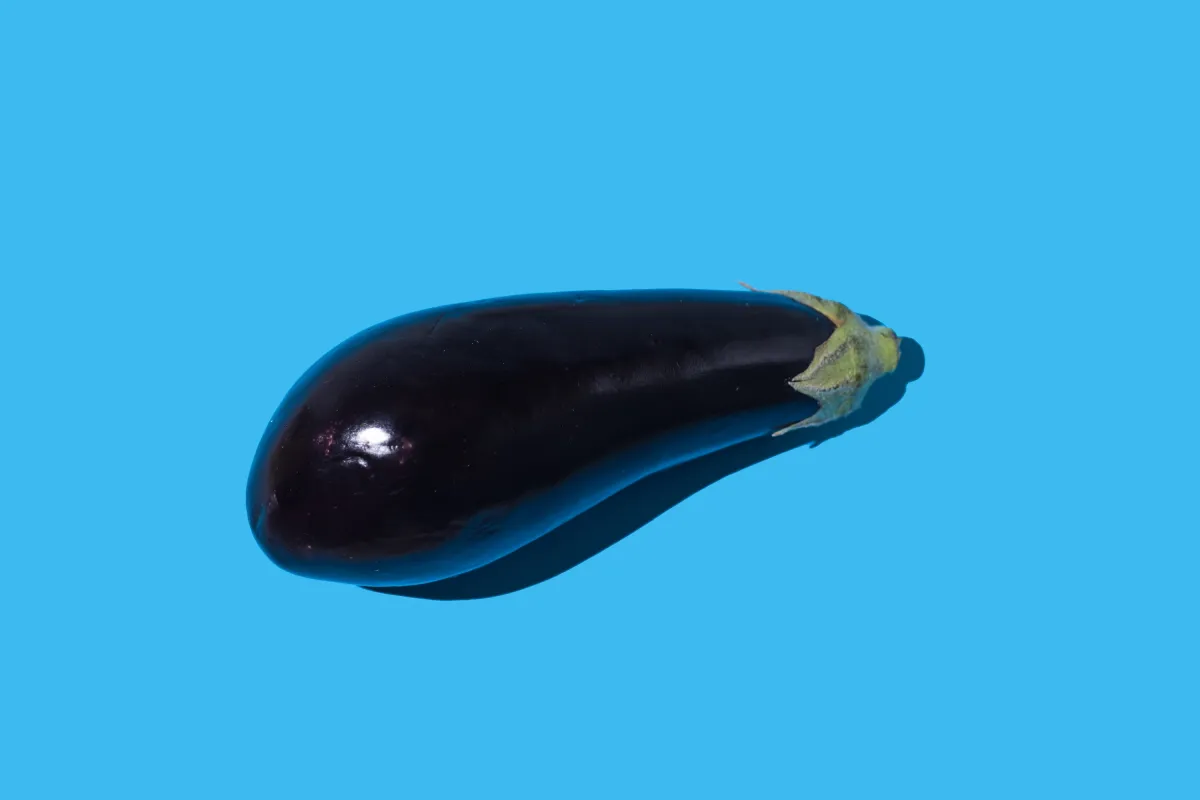Raw eggplant with hard shadow on blue background.
