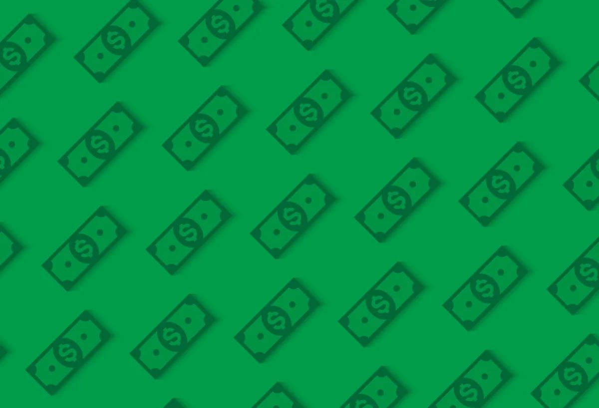 Money or finance green pattern with dollar banknotes. Banking, cashback, payment, e-commerce. Vector background.