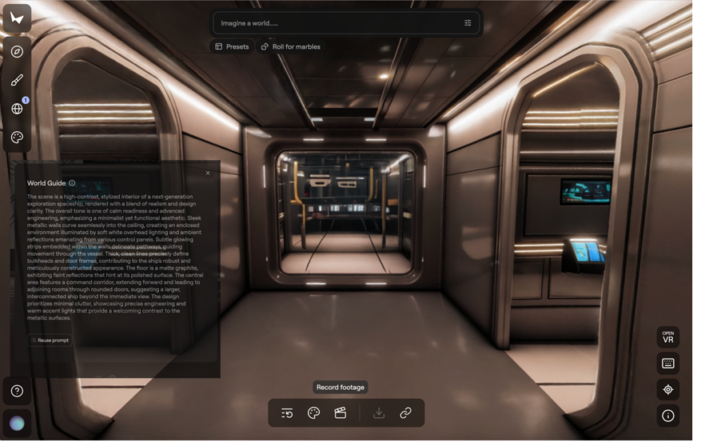 Space ship environment created in Marble with text prompt overlayed. Note how the lights are realistically reflected in the hub's walls.