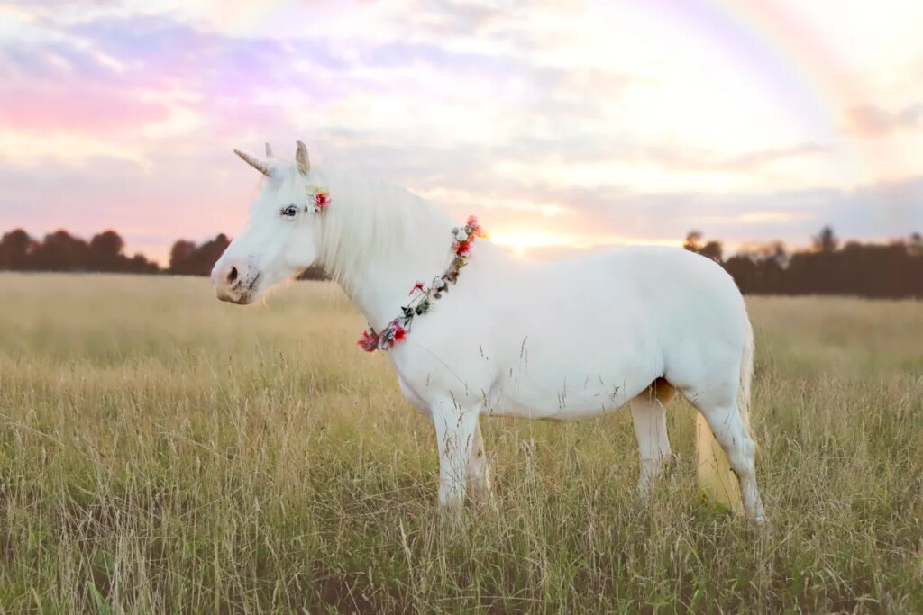 unicorn in field with rainbow