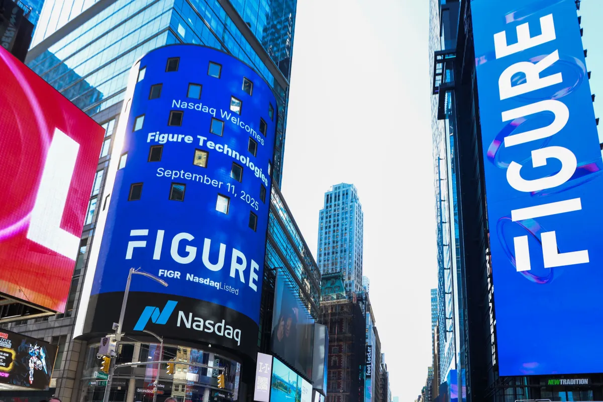 Figure Technology Solutions Inc. signage during the company's initial public offering at the Nasdaq MarketSite in New York, US, on Thursday, Sept. 11, 2025.