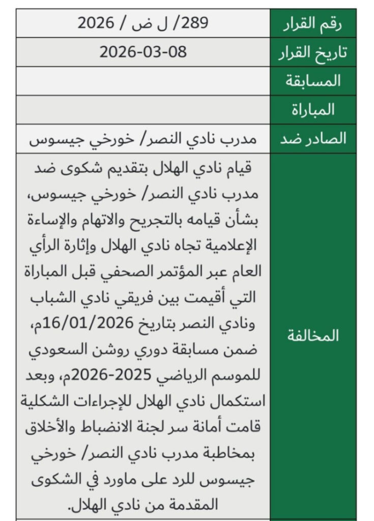 غرامة 50 ألف ريال على مدرب النصر جيسوس بسبب تجريح نادي الهلال