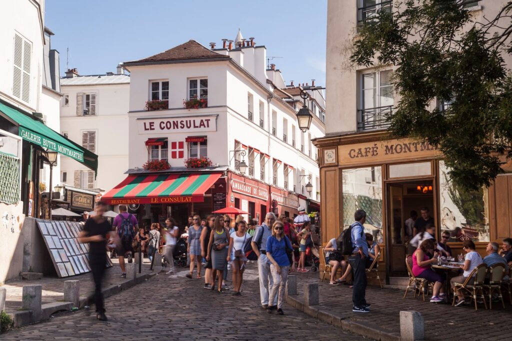 The bustling streets of Montmartre in Paris.
