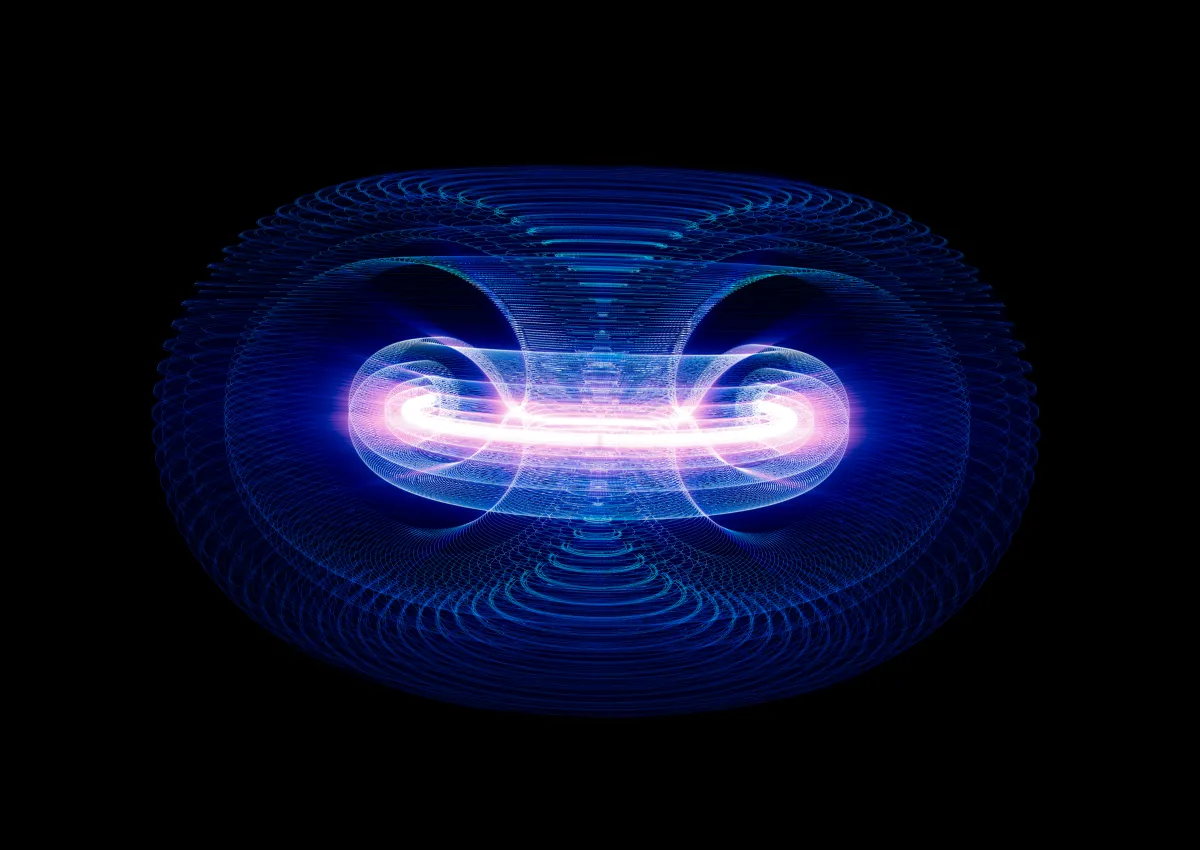 Illustration of plasma particles inside a tokamak fusion reactor.