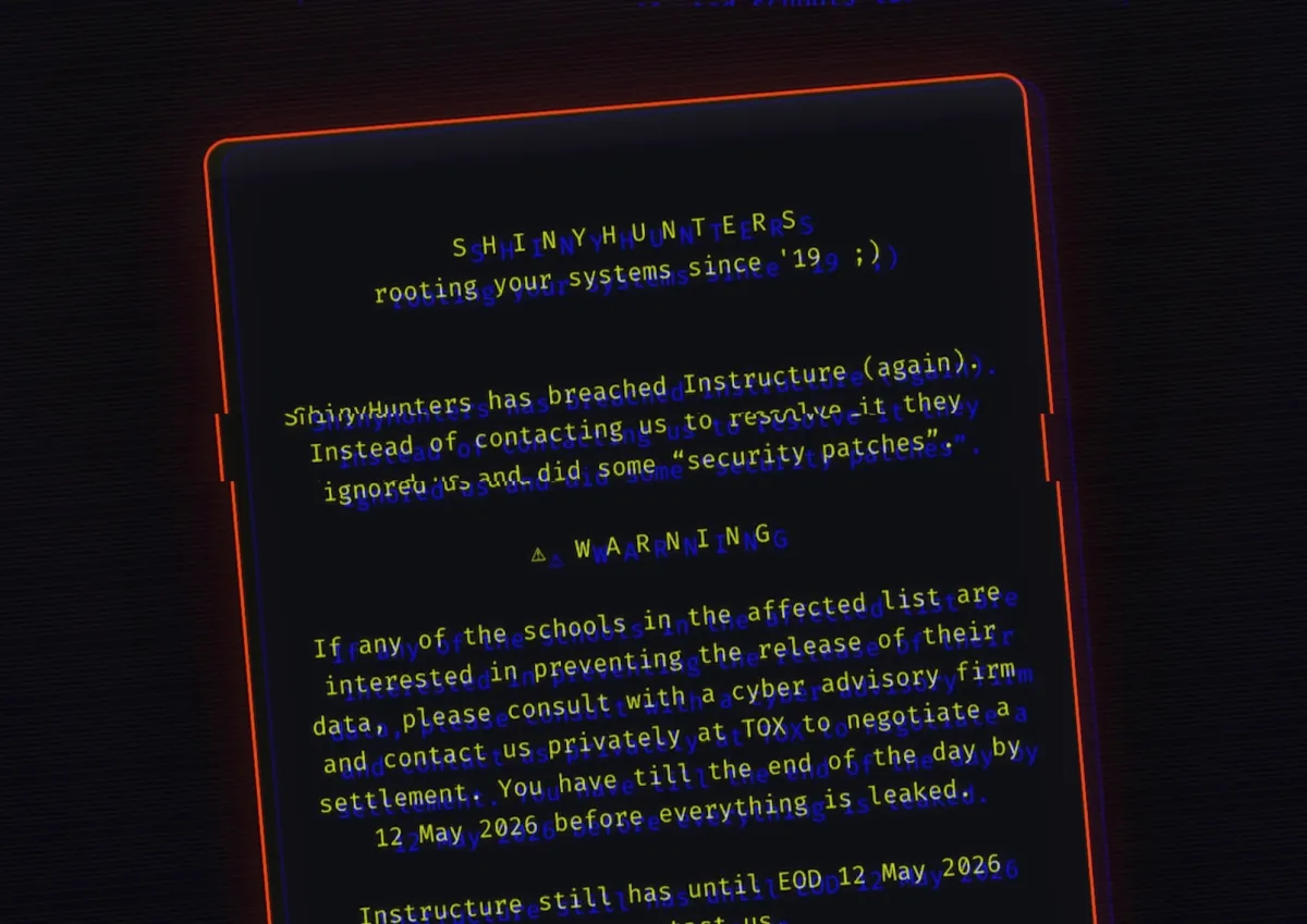 A redacted screenshot of the message ShinyHunters left on the hacked login pages of Instructure's platform Canvas.
