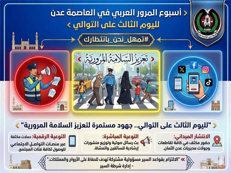 لليوم الثالث على التوالي شرطة السير تواصل تنفيذ فعاليات أسبوع المرور العربي في عدن