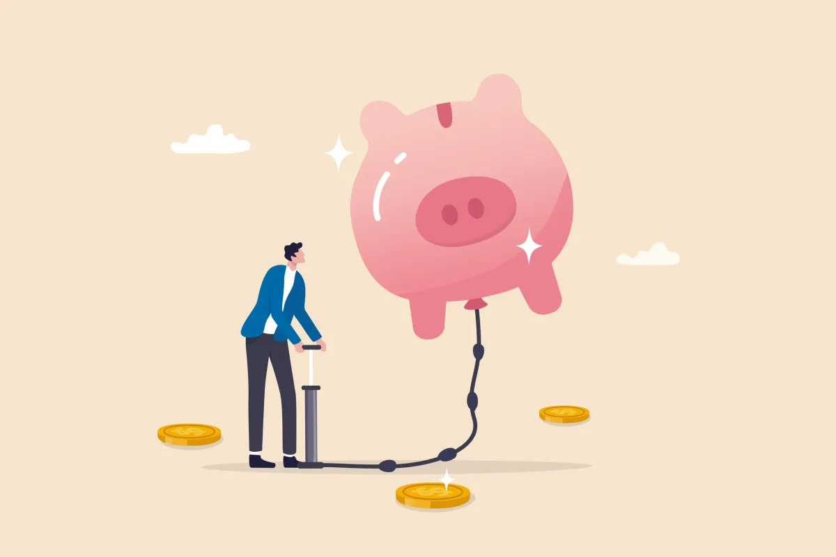 pumping air into a floating piggy bank