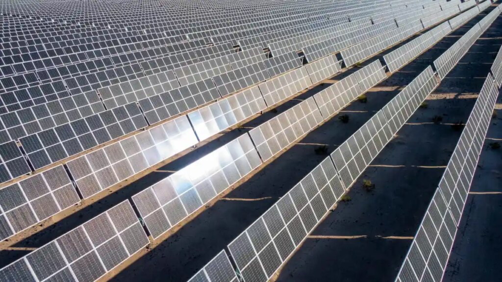 Rows of solar panels face the sunlight in Nevada.