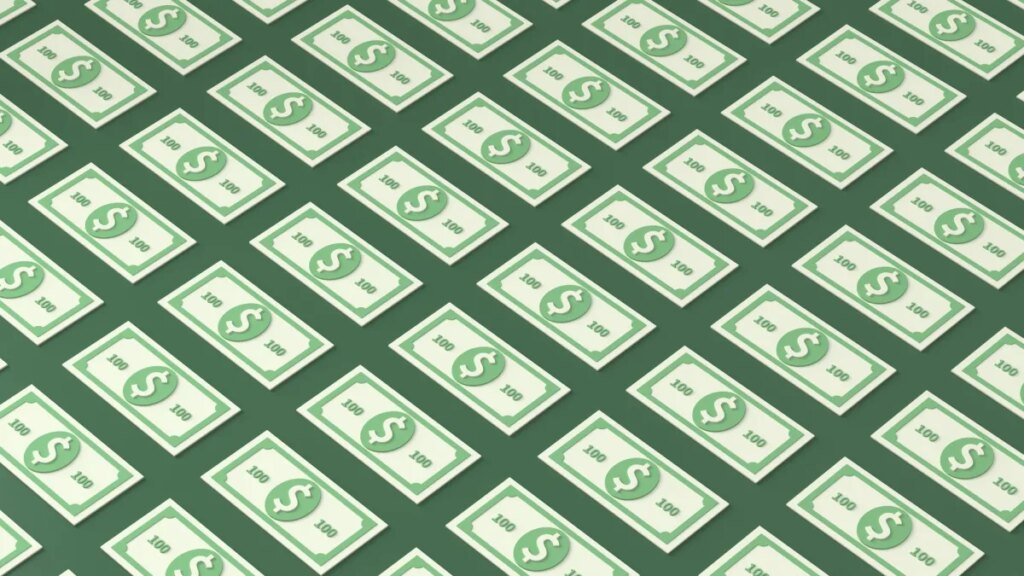 An illustration of patterned 100 dollar bills on a green background