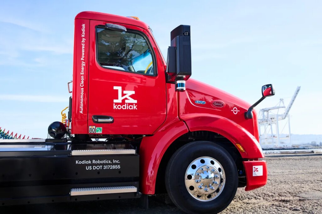 Cab of red Peterbilt semi truck