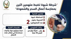 اخبار وردت الآن – قوات الاستقرار في شبوة تقبض على رجل وامرأة بتهمة السحر والشعوذة في مديرية رضوم