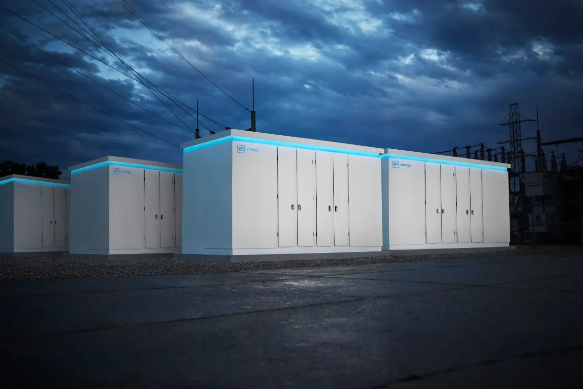 Battery packs from GM rendered against a darkened sky.