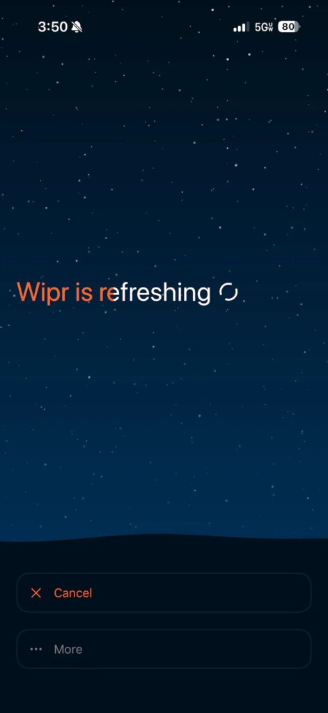 لقطة شاشة لتطبيق Wipr على iOS يحدث، مع عبارة: "Wipr في تجديد" على الشاشة