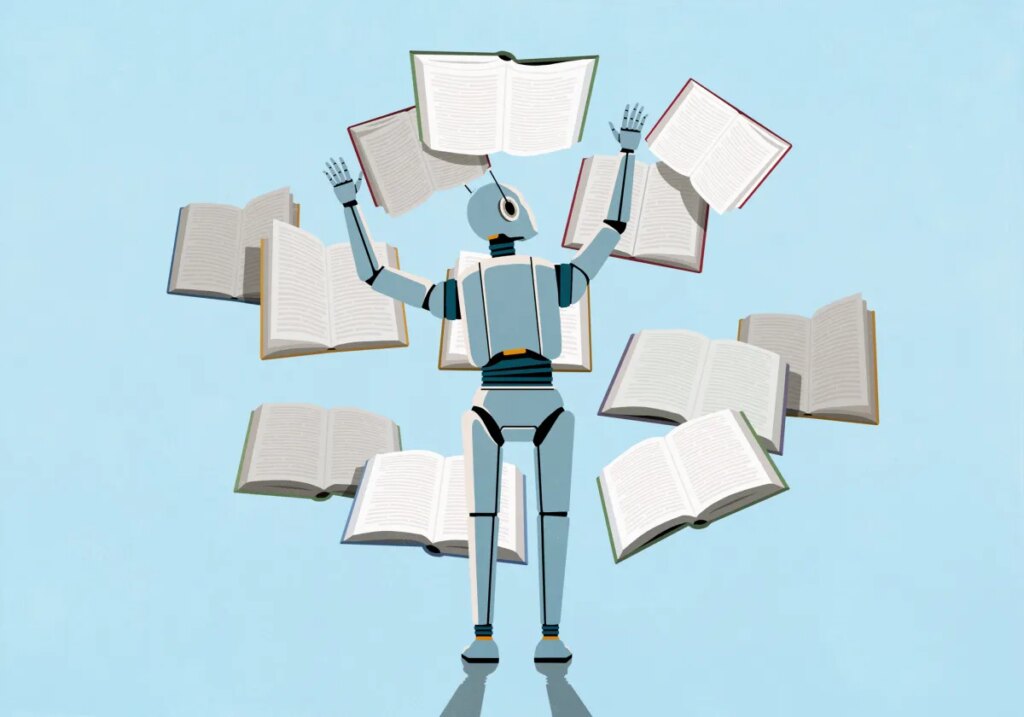 render of LLM AI bot reading multiple books at once