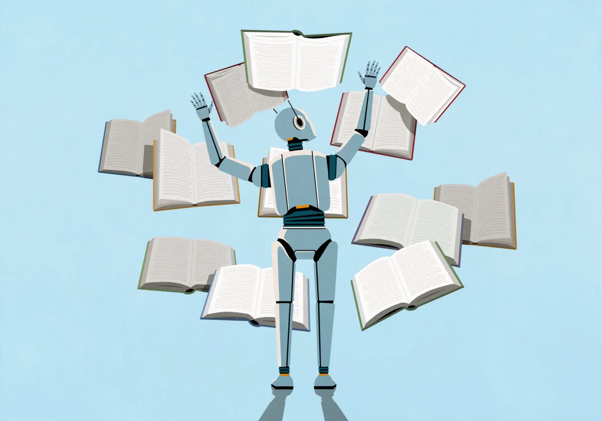 render of LLM AI bot reading multiple books at once