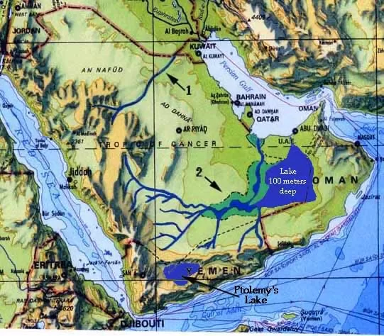 بحيرة بطليموس في اليمن: خريطة Arabia Felice Nuova لروسيلي، طبعة البندقية 1574، نسختان من خريطة بطليموس لشبه الجزيرة العربية، إحداهما تُظهر البحيرة في اليمن، التي كتب بطليموس عن وجودها في شبه الجزيرة العربية. اليمن. الأصل على http://www.helmink.com/Antique_Map_Ruscalli_ Arabia/